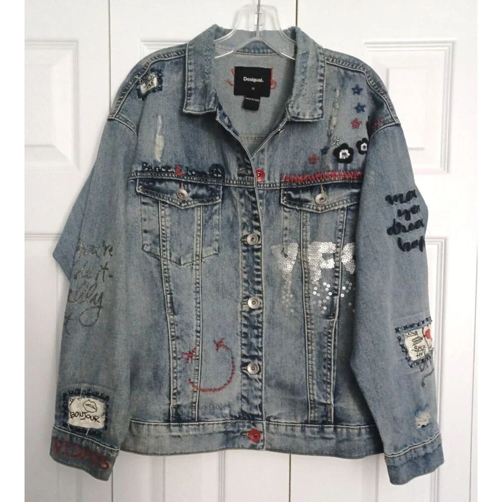 Desigual Women's Chaq Yes Embroidered Jean Jacket Blue Size M 100% cotton - Picture 8 of 16